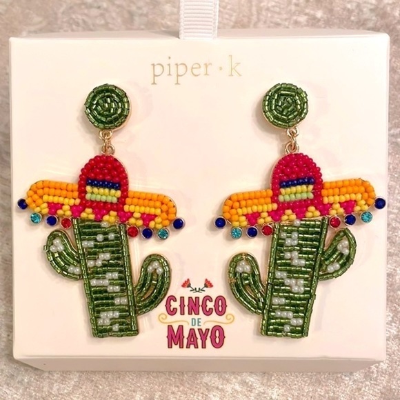 Brand New Piper K Cinco De Mayo Mexican Cactus Sombrero Beaded Drop Earrings - Picture 3 of 10